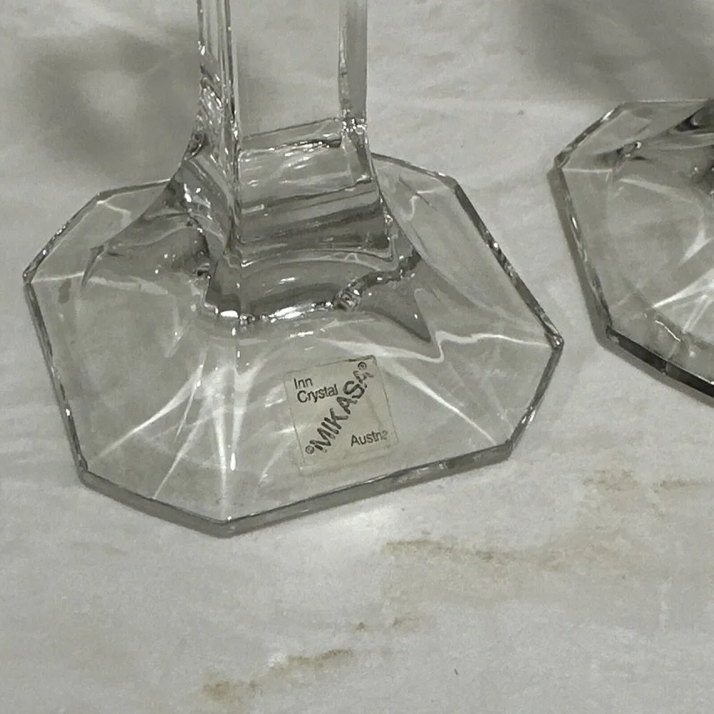 Vintage MCM Mikasa Hyde Park Clear Crystal Art Deco Taper Candle Holders Set 2